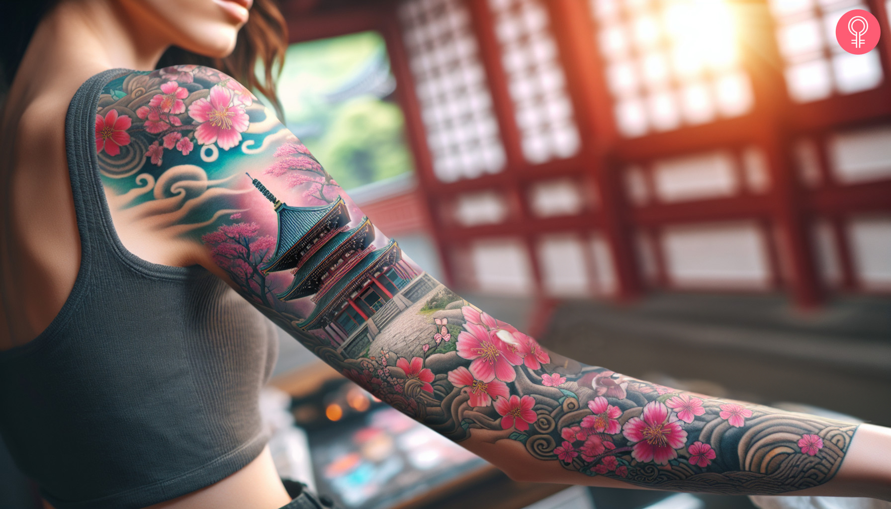 Cherry blossom Japanese temple tattoo on the arm of a woman