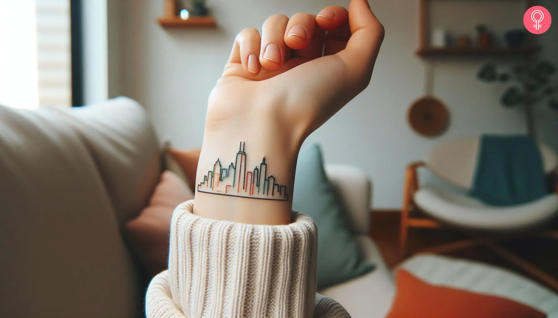 A colored Chicago skyline tattoo outline on the wrist of a woman