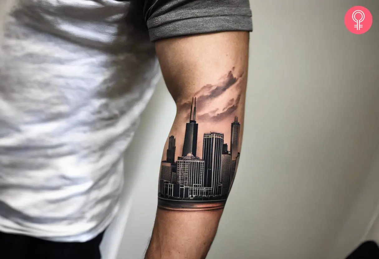 A Chicago skyline tattoo on the forearm of a man