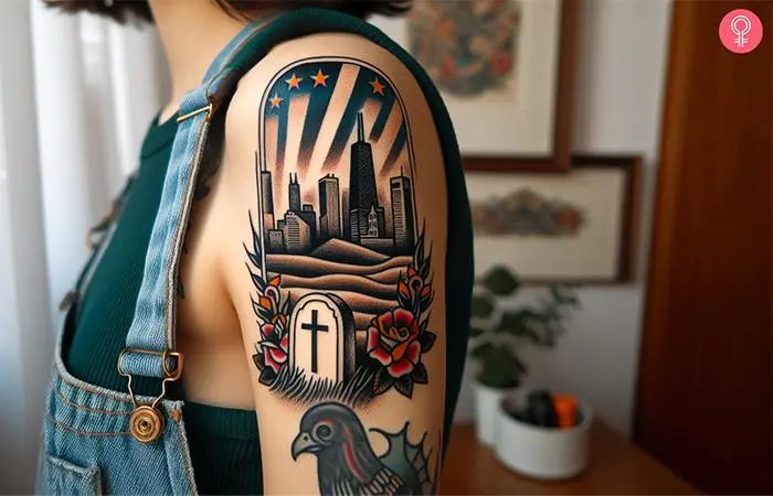 A Chicago skyline tattoo with a tombstone on the upper arm of a woman