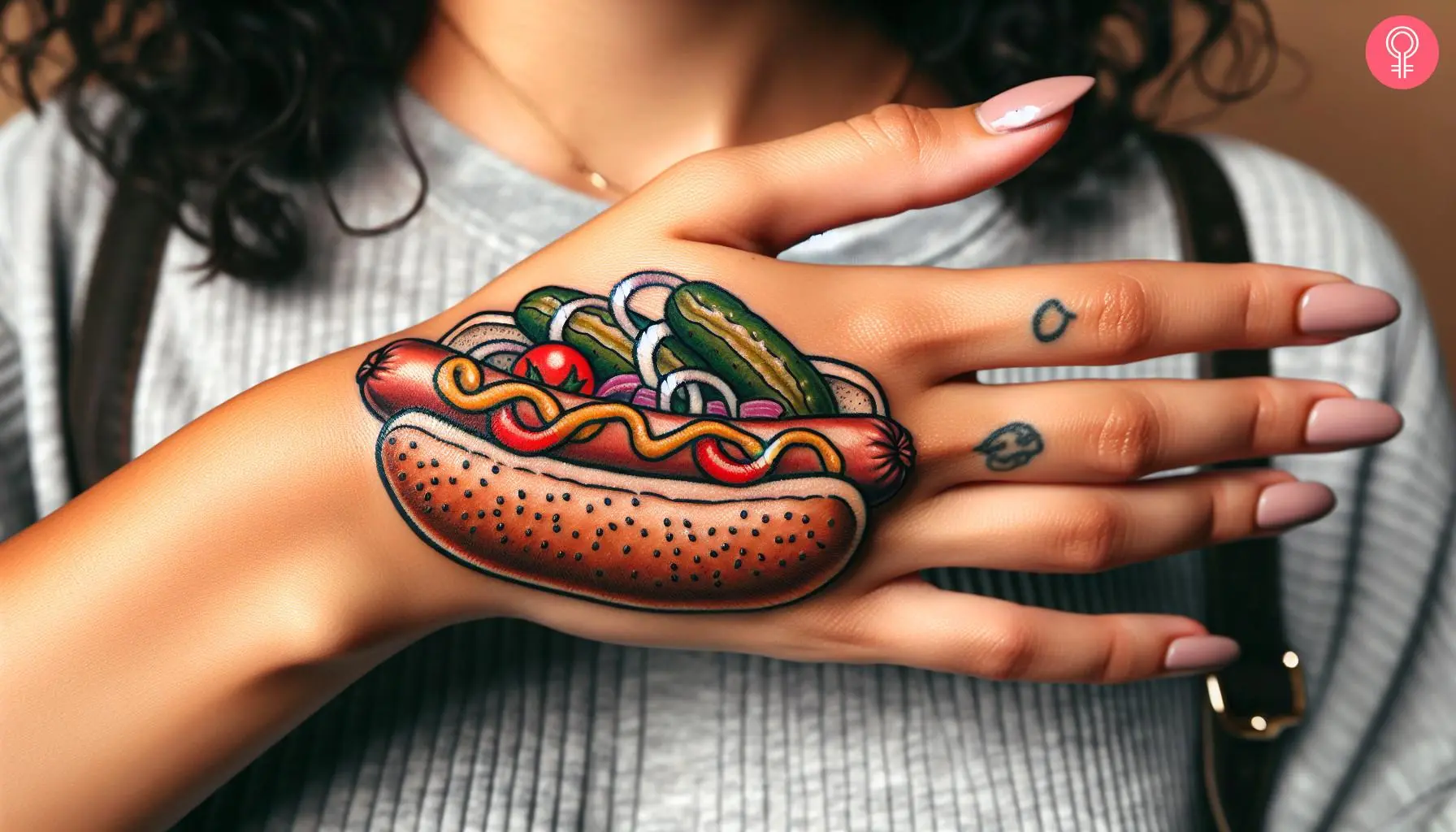 Woman with a chicago style hot dog tattoo on her hand