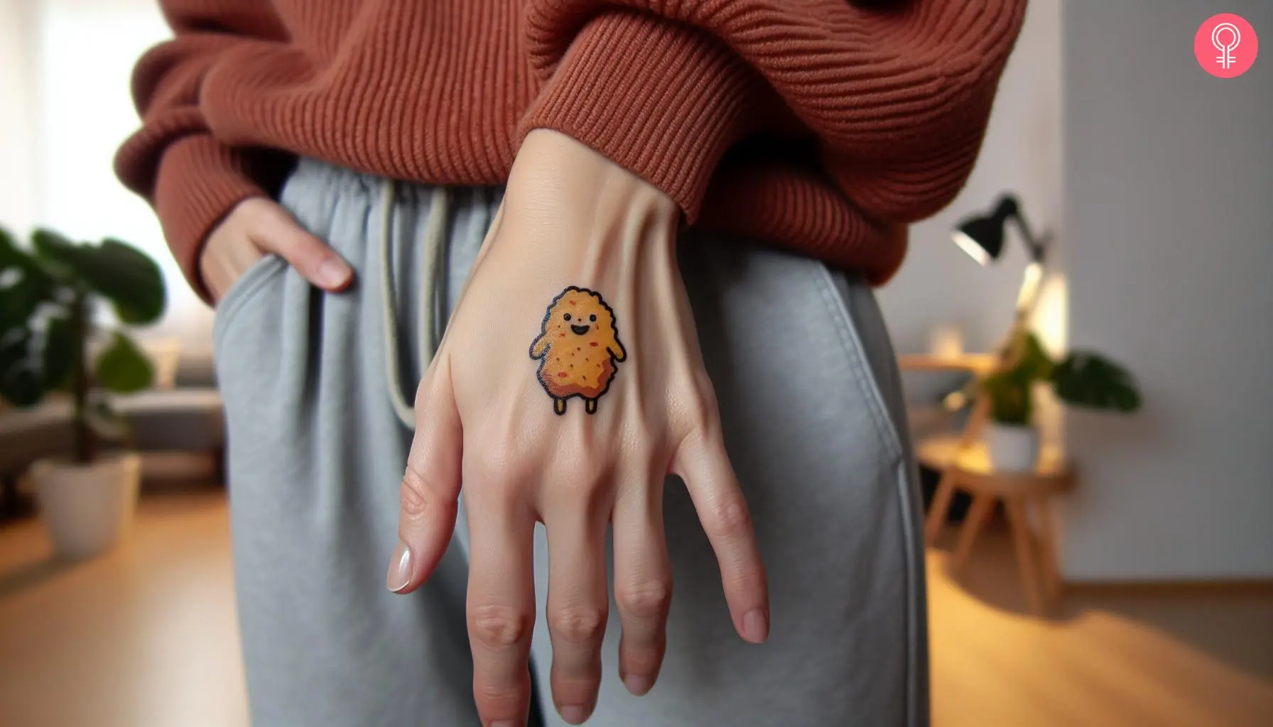 A cute chicken nugget tattoo with arms and legs on the back of the hand