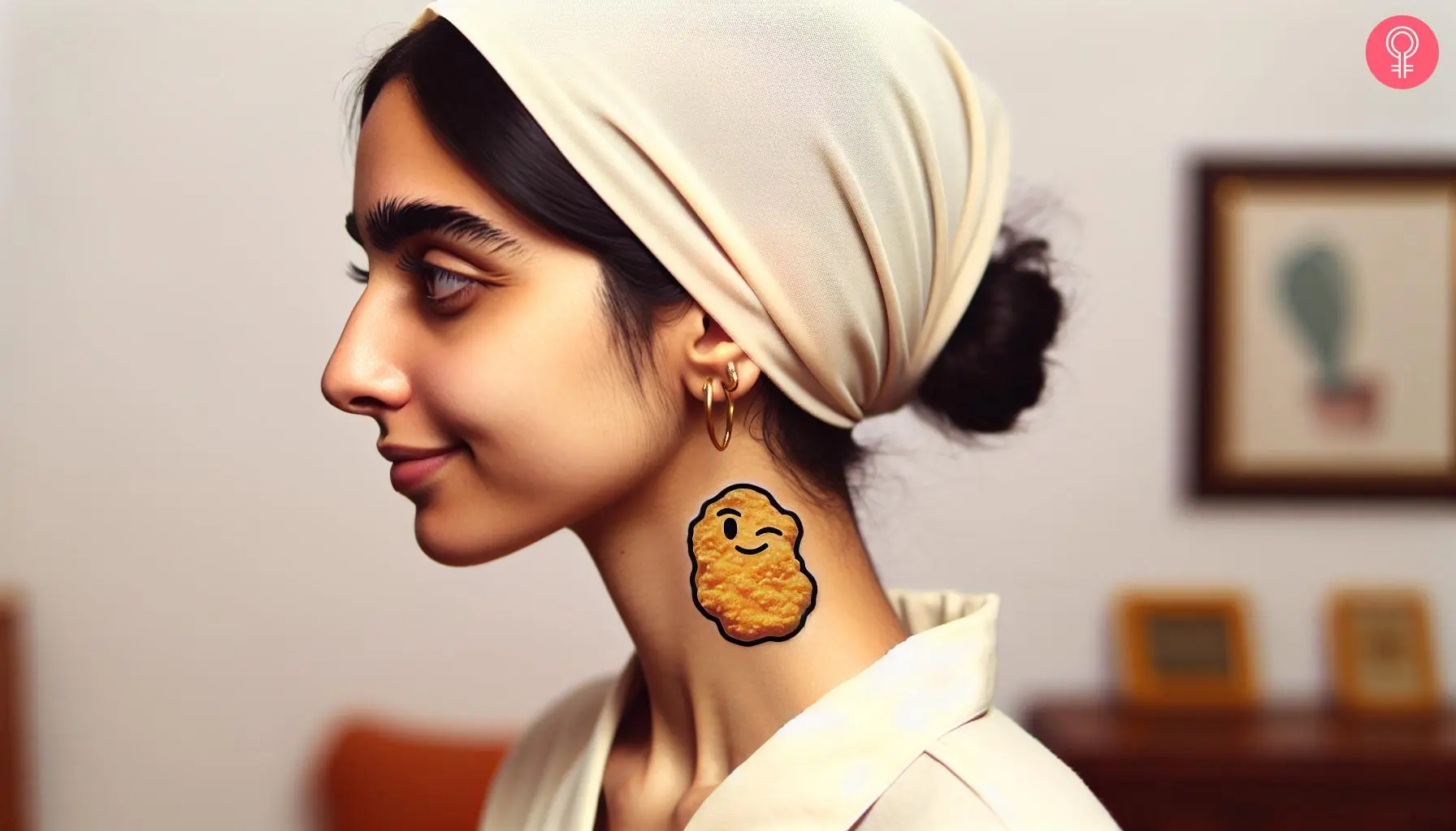 A winking chicken nugget tattoo on a woman’s neck