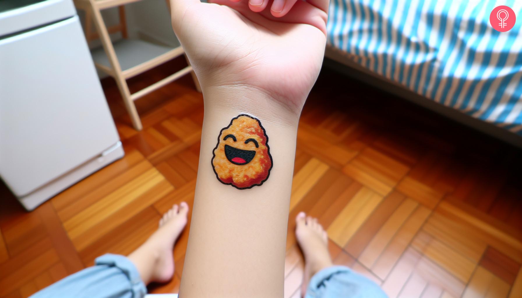 A cheery chicken nugget tattoo on the wrist