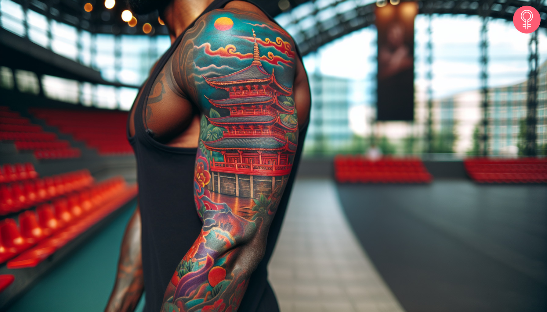 Chinese building tattoo on the arm of a man