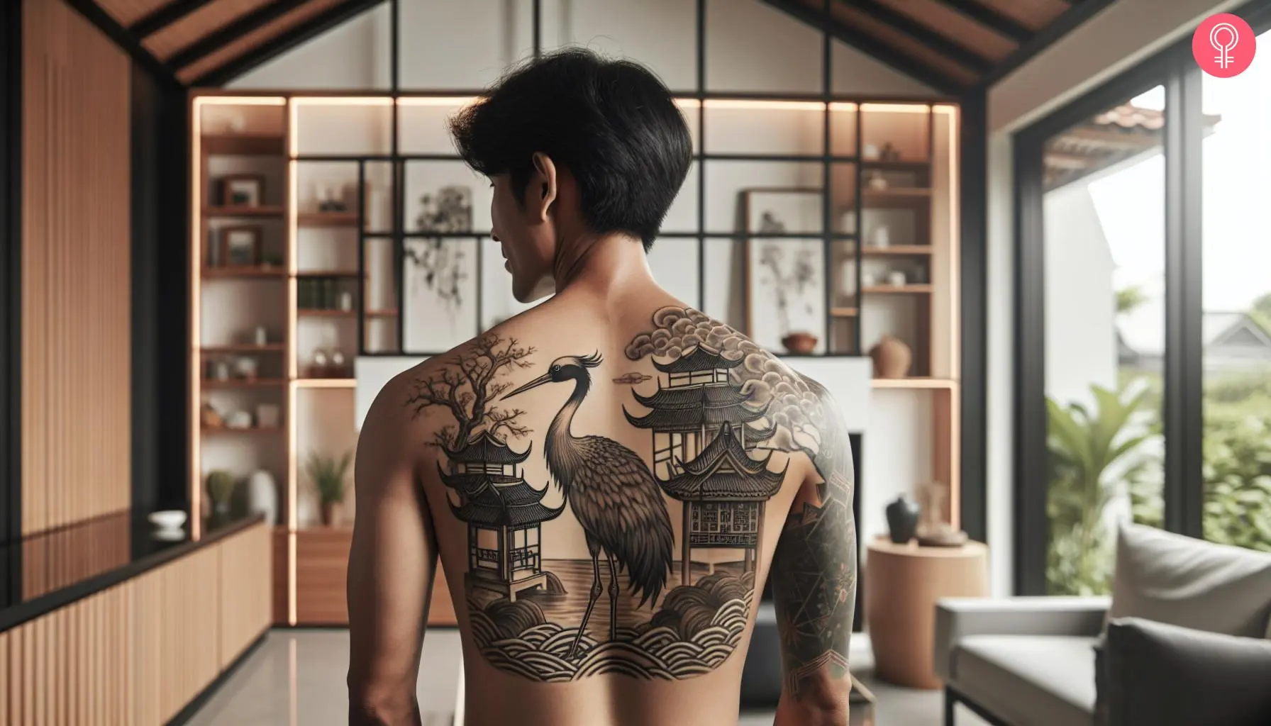 Chinese crane tattoo on the back of a man