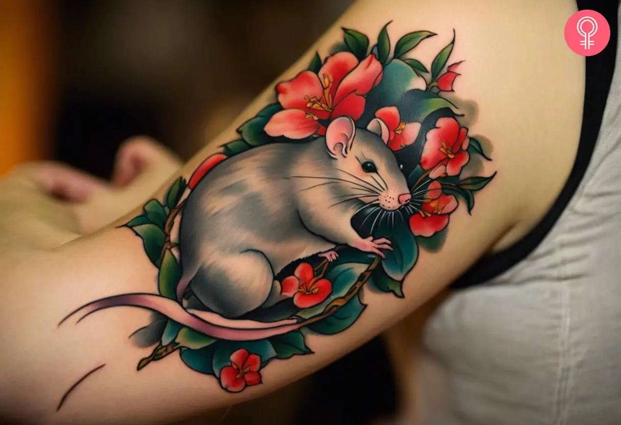 Chinese rat tattoo on the bicep