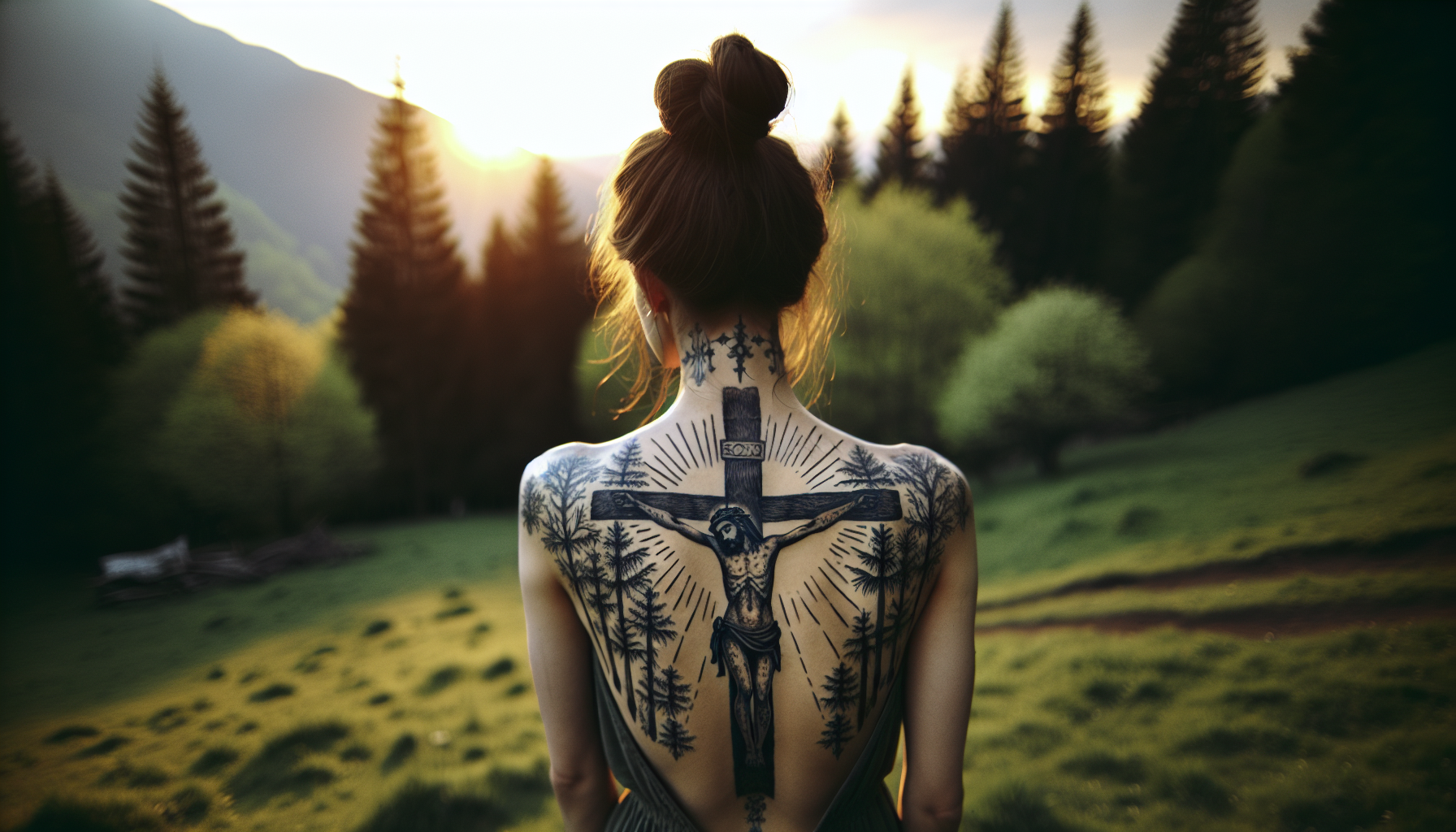 A woman with a large back tattoo of Jesus on the cross with pine trees