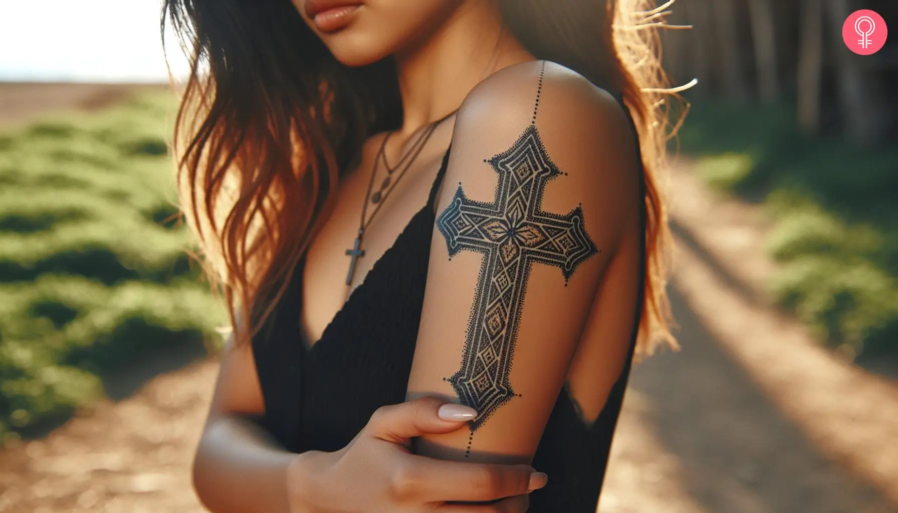 A woman with a cross tattoo on her upper arm