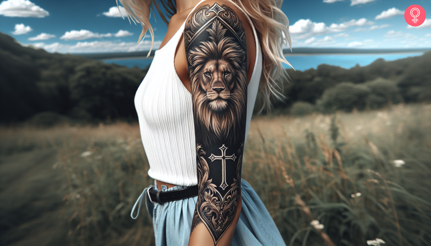 A woman with a detailed sleeve tattoo with a lion and cross