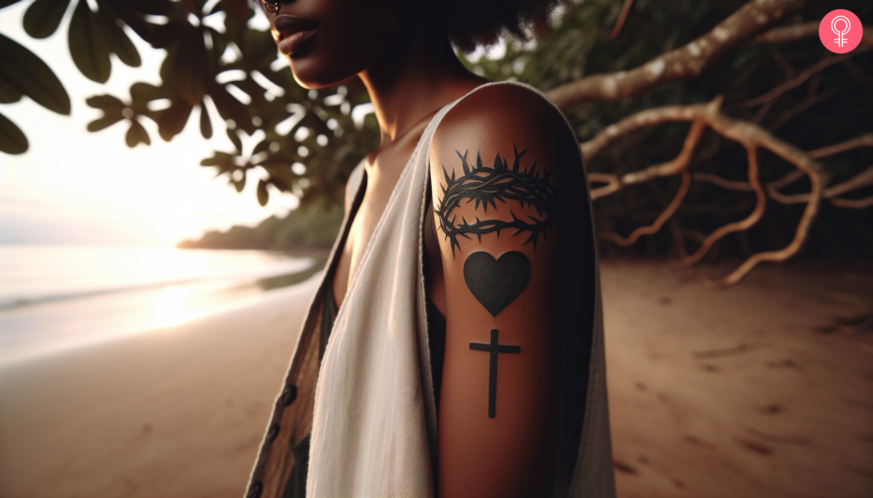 A woman with a minimalist Christian tattoo with a crown of thorns, heart emoji, and cross