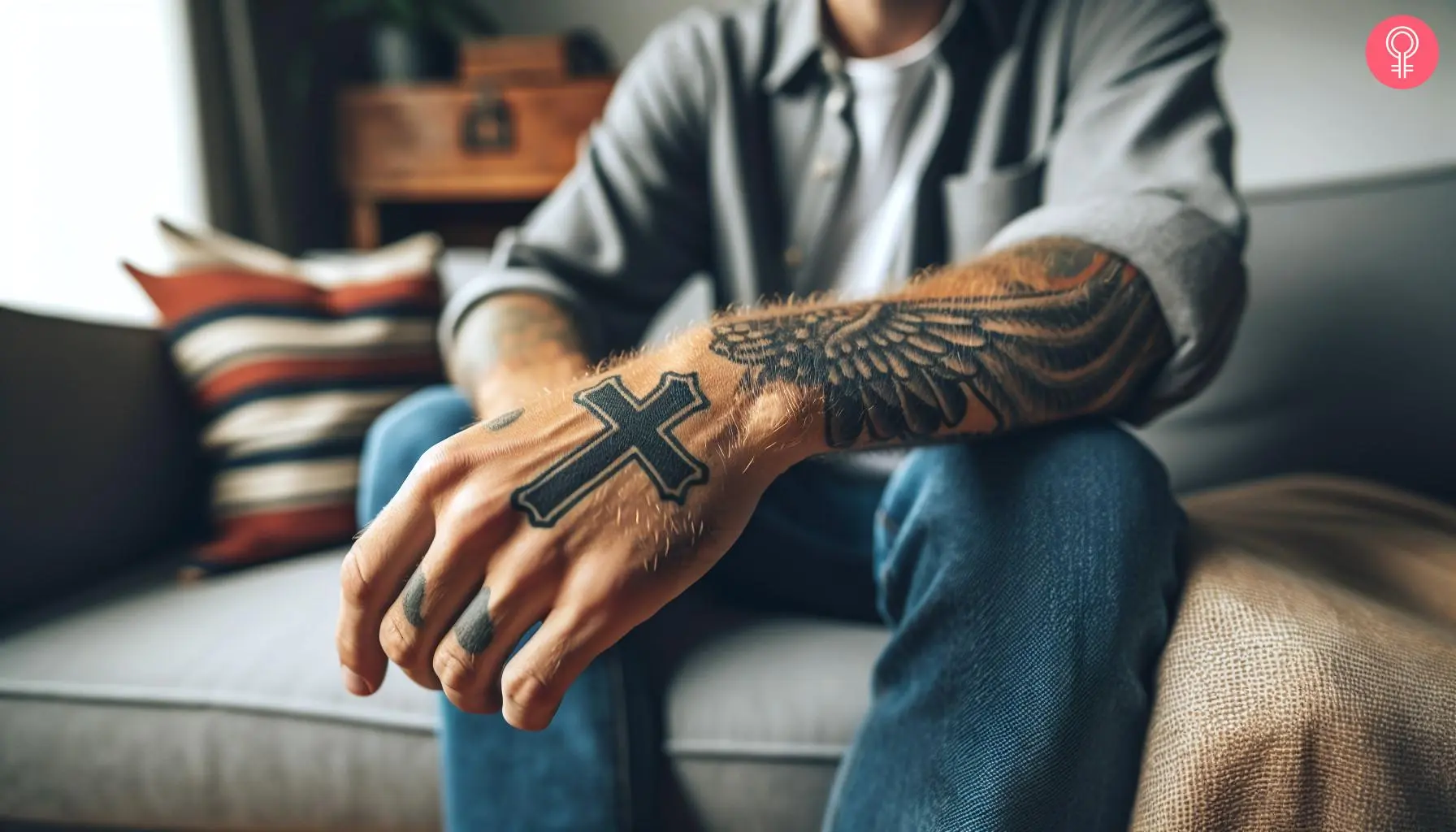 A man with a bold black cross tattoo on his wrist