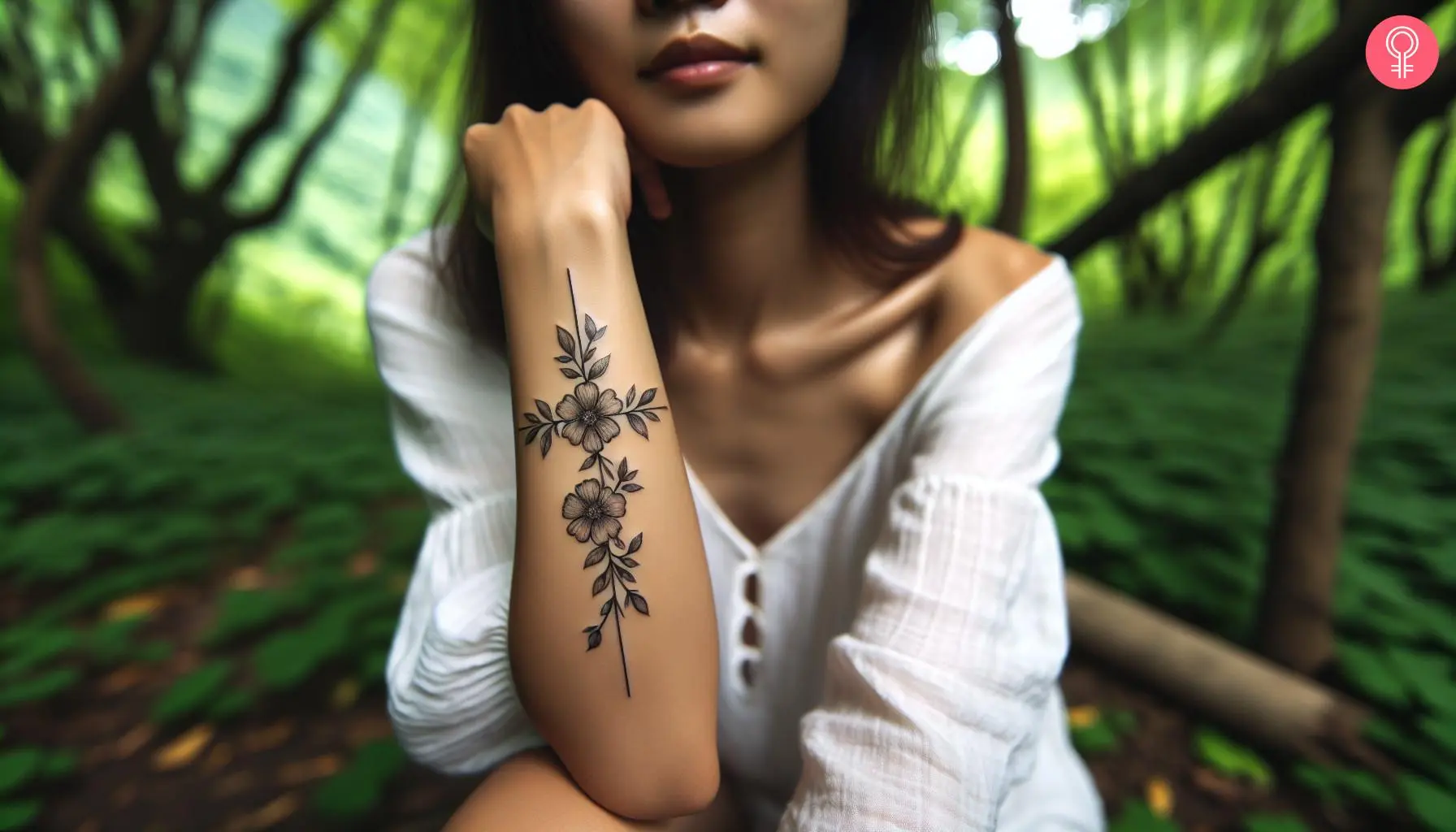 A woman with a floral cross tattoo on her forearm