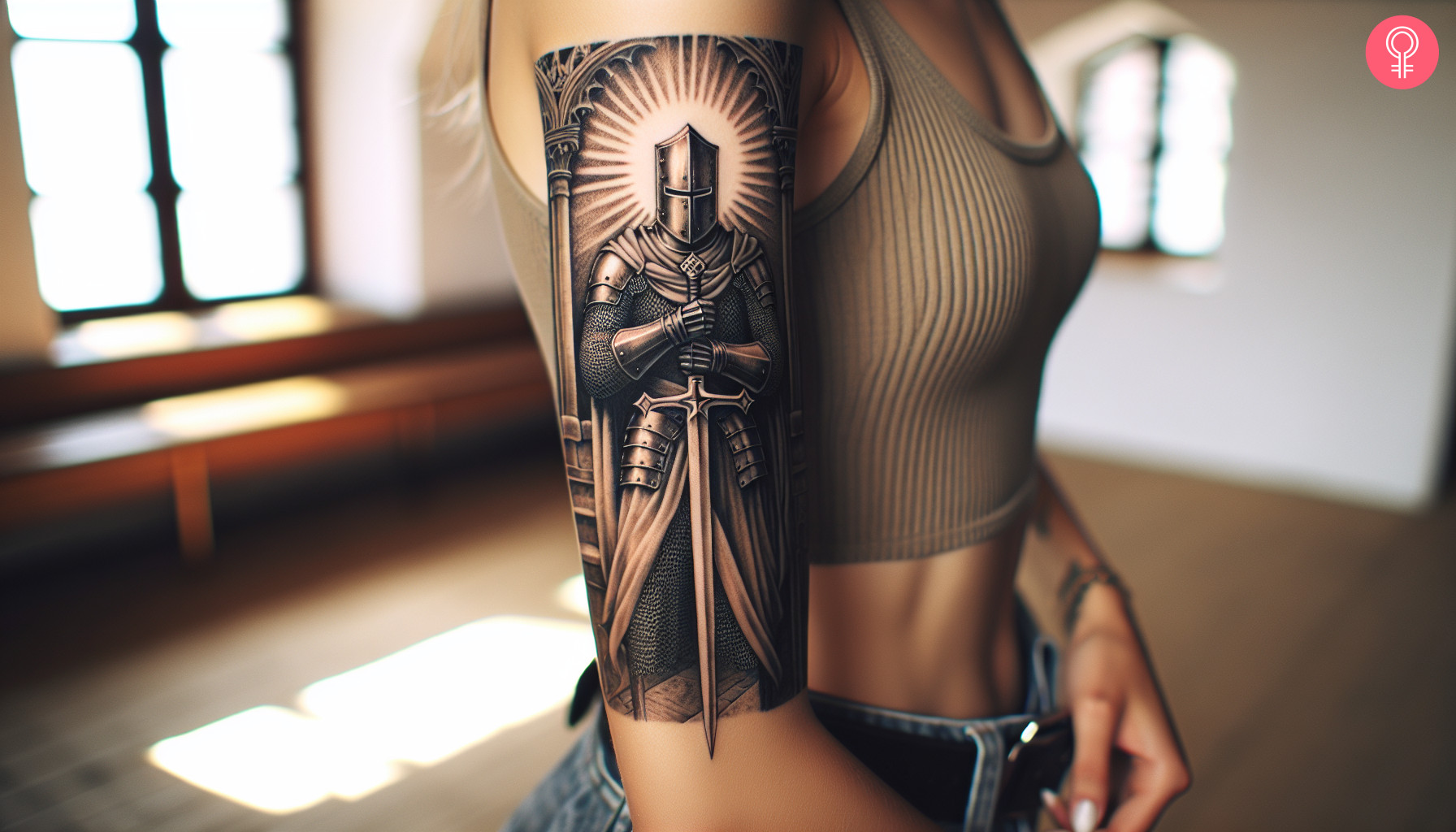 A woman with a Christian warrior tattoo on her upper arm