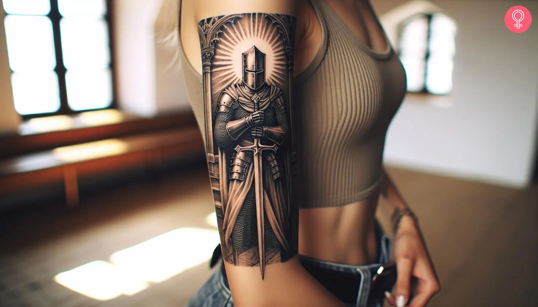 A woman with a Christian warrior tattoo on her upper arm