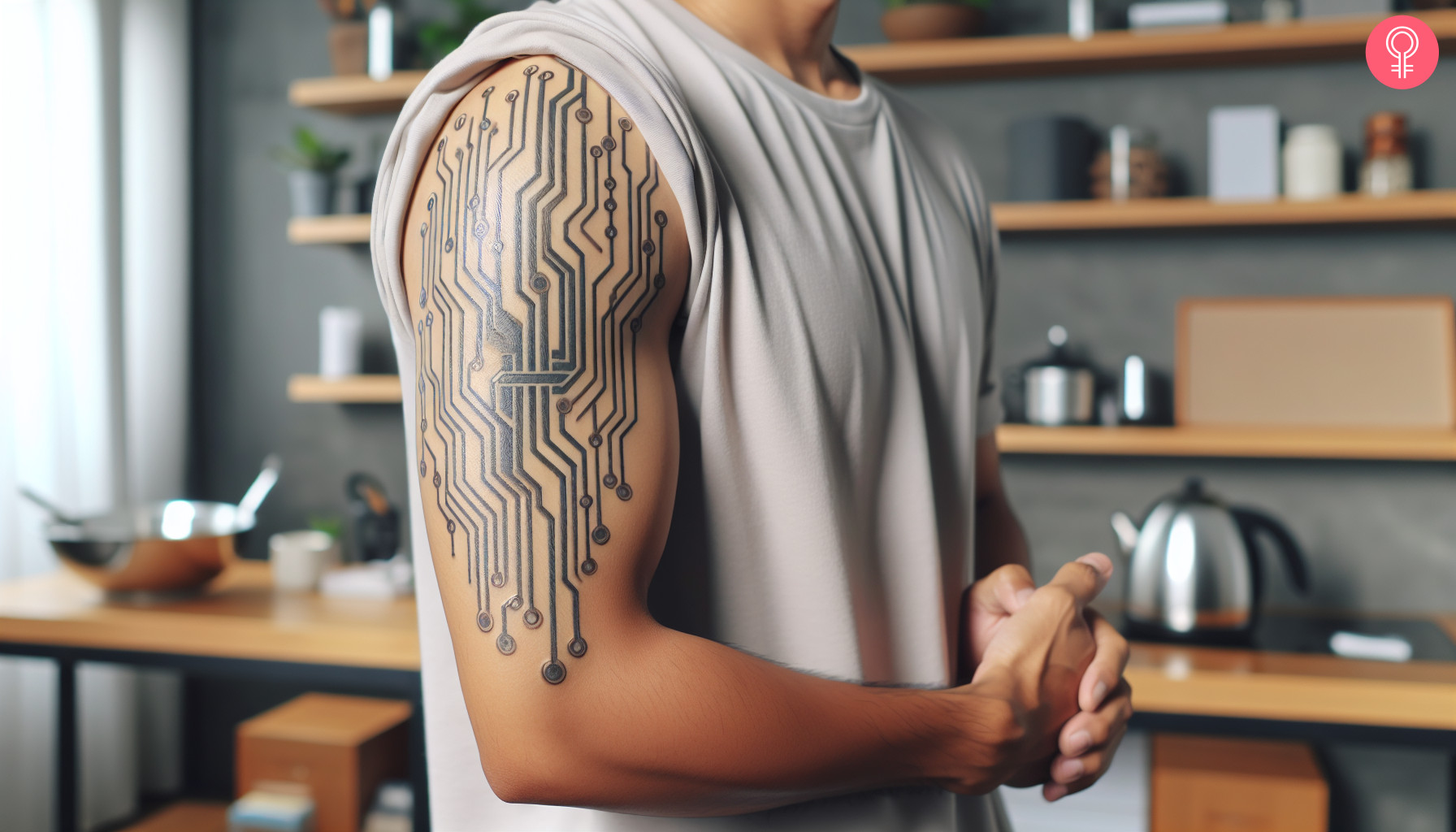 Circuit board tattoo on the bicep of a man