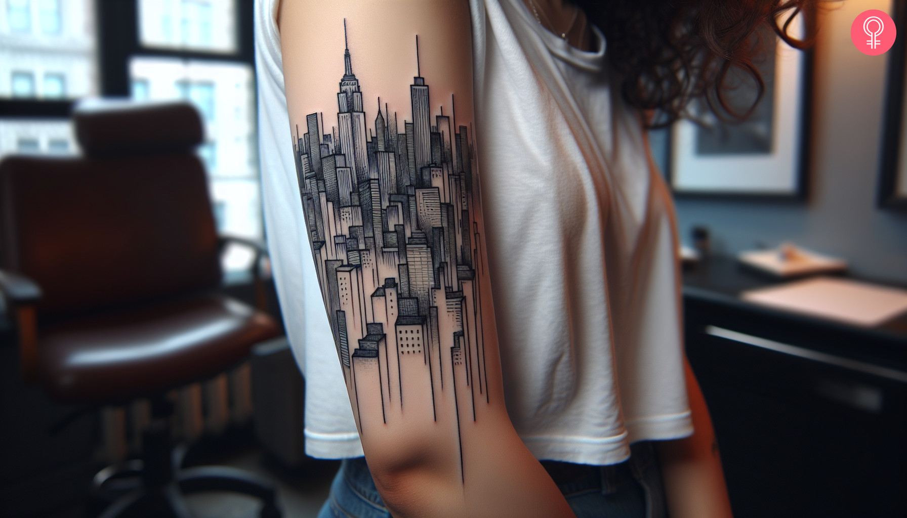 City building tattoo on the arm of a woman