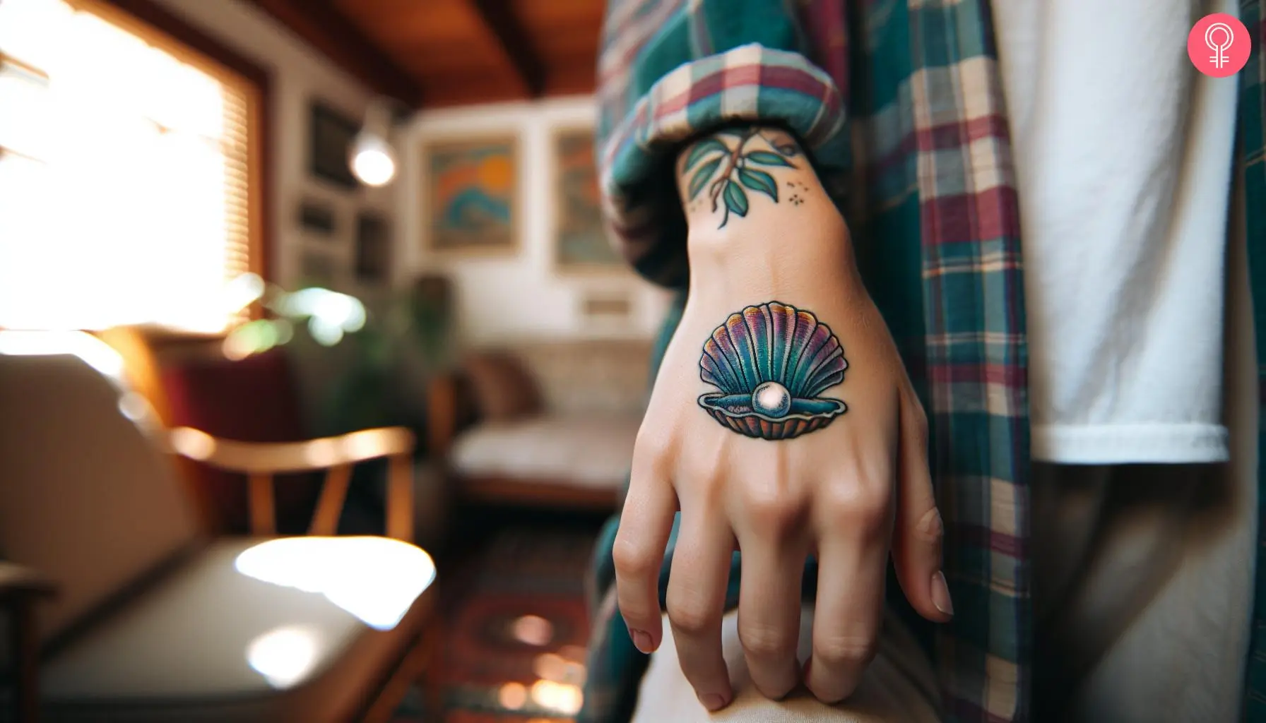 Clam tattoo on the hand of a woman