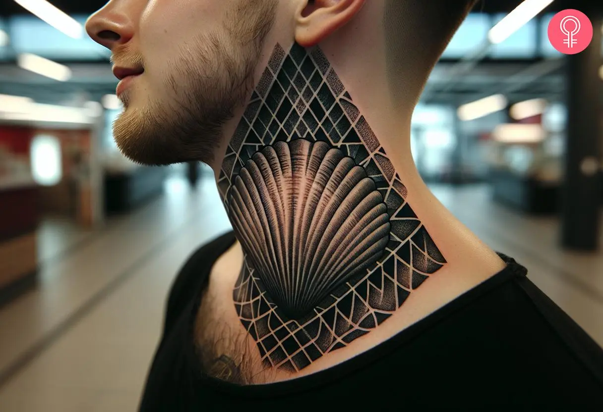 Clam tattoo on the neck of a man