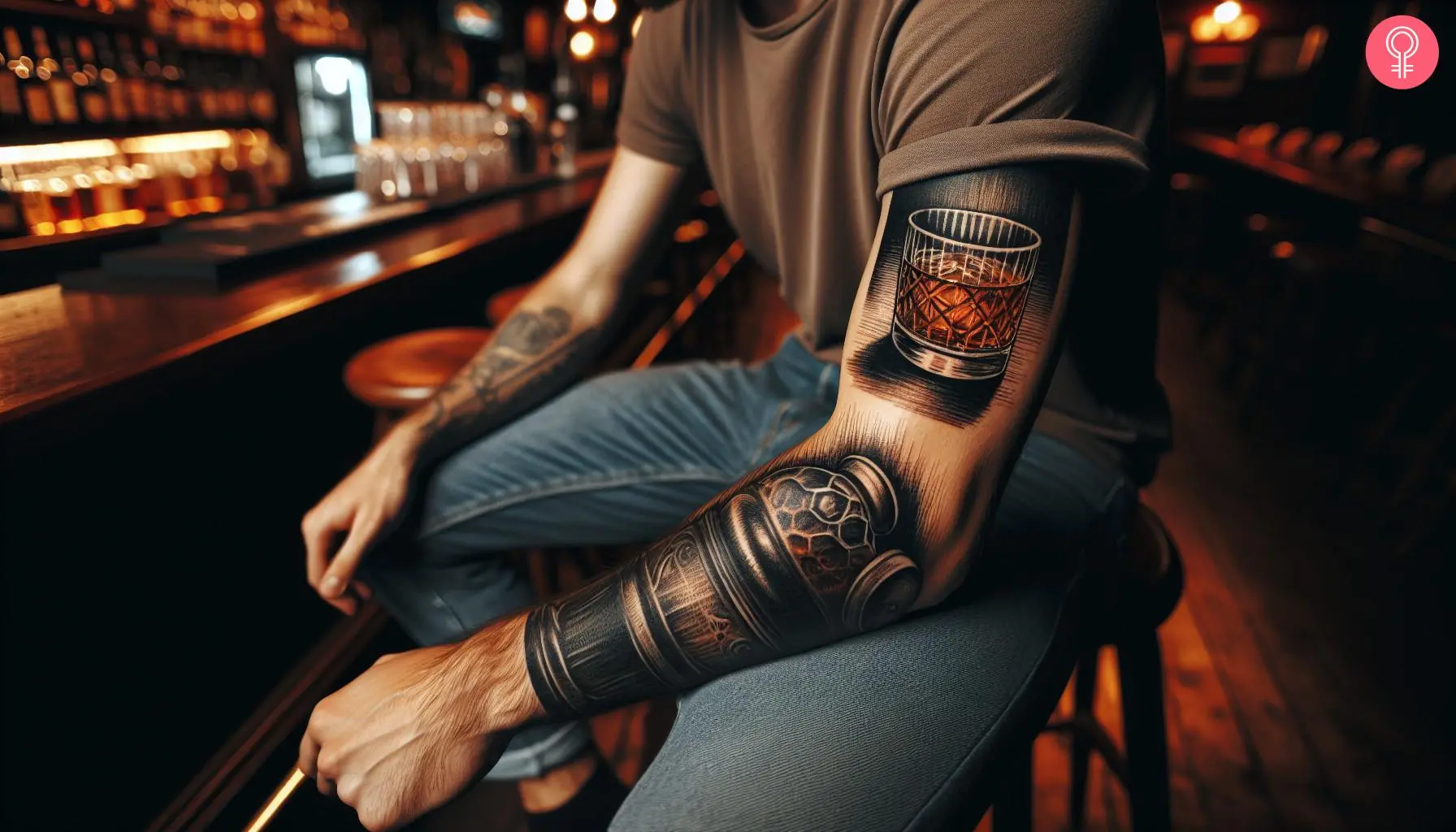 Man with a cocktail bartender tattoo on his upper arm