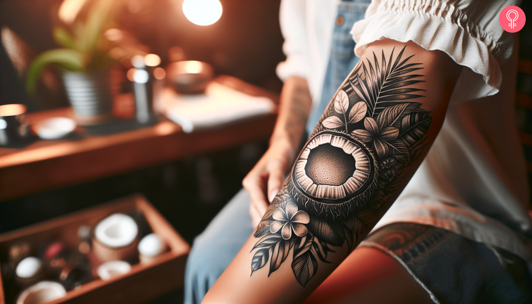 A coconut tattoo on the forearm