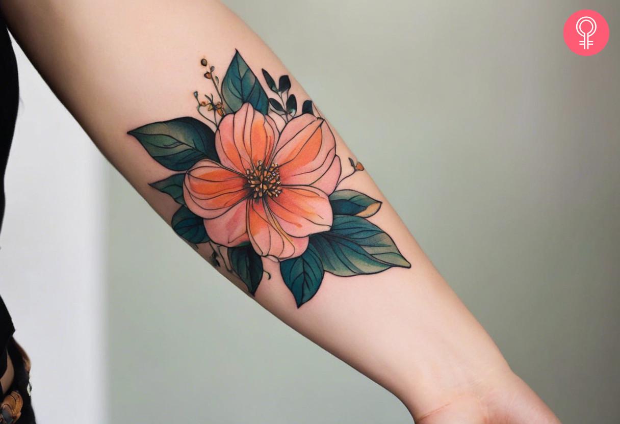 Colorful illustrative flower tattoo on forearm