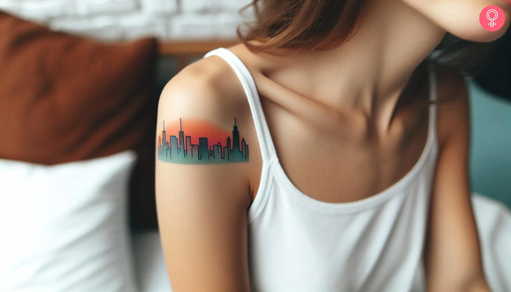 A colored Chicago skyline tattoo on the shoulder of a woman