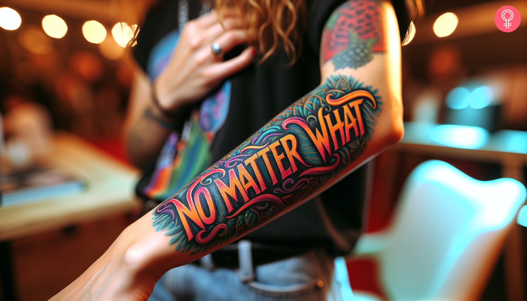 Colored ‘no matter what’ tattoo on the forearm of a woman