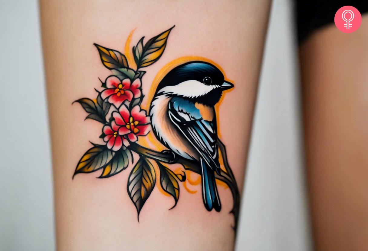 Colorful tit tattoo on thigh