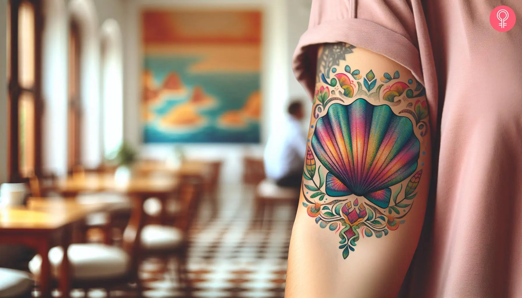 Colorful clam tattoo on the arm of a woman