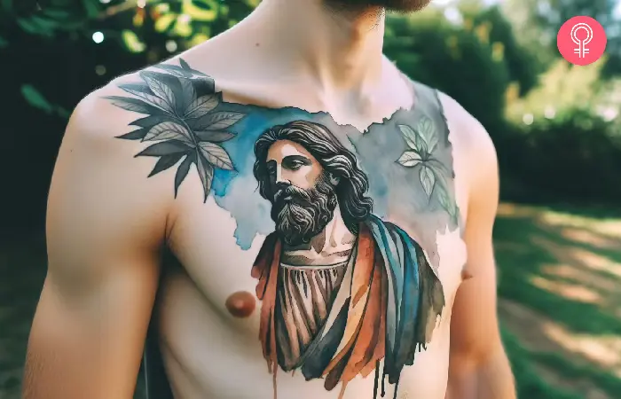 Man with a colorful Jesus chest tattoo