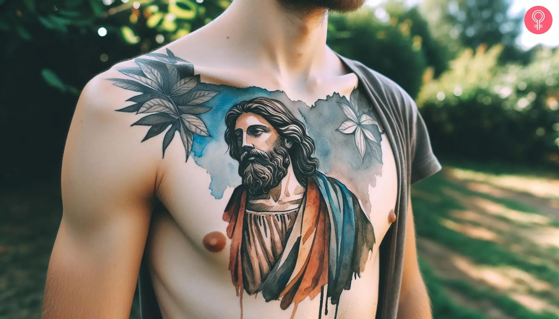 Man with a colorful Jesus chest tattoo