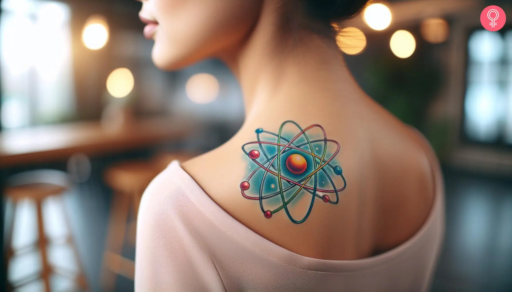 Colorful atom tattoo on the back of a woman