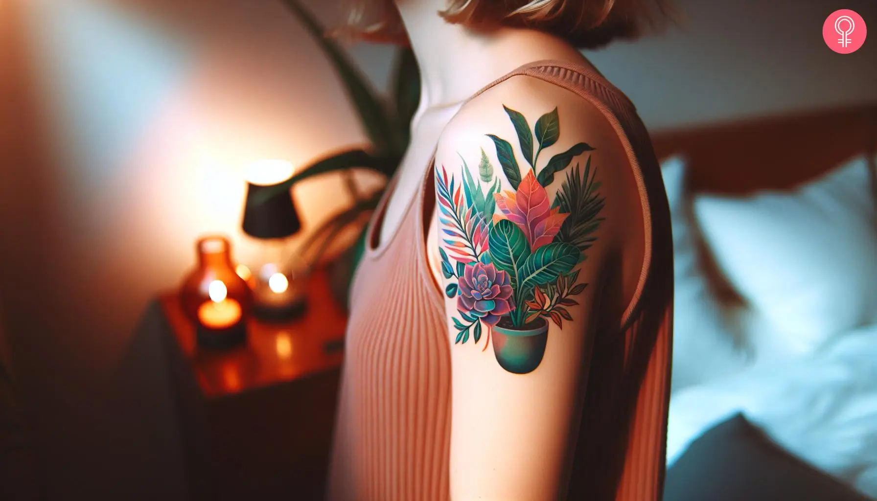 Colorful houseplant tattoo on the shoulder