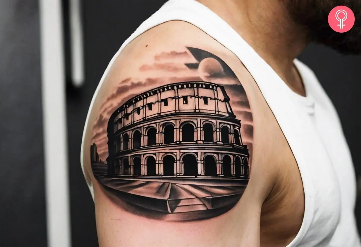 Colosseum tattoo on the shoulder of a man