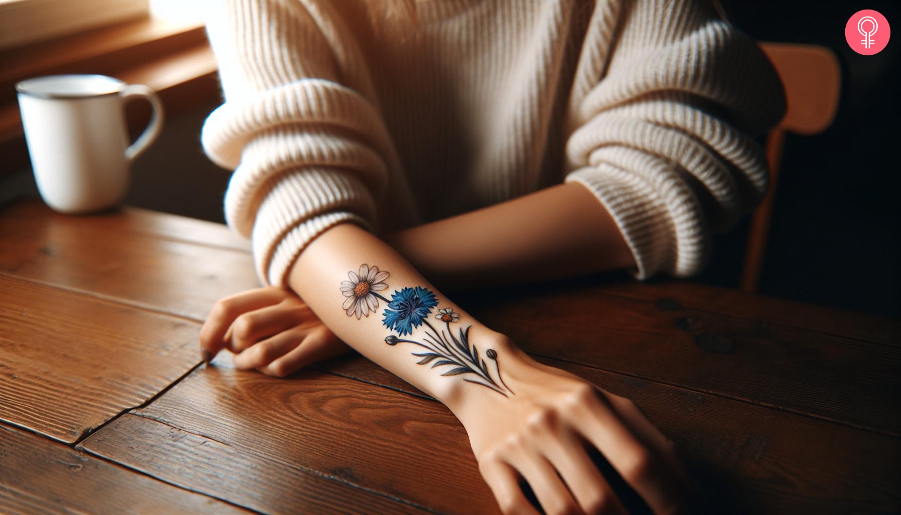 Cornflower and daisy tattoo on the forearm