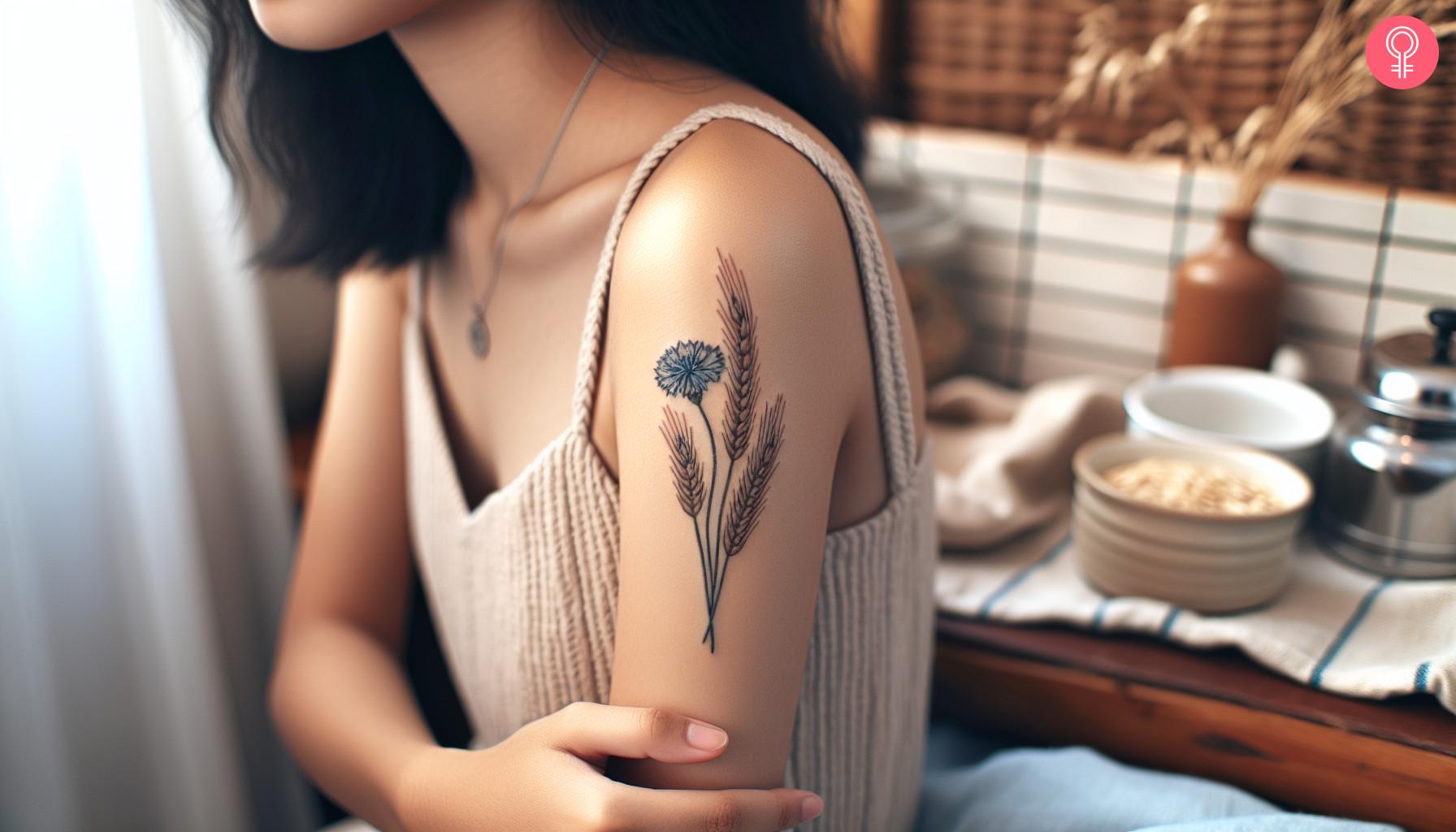 Cornflower and ears of wheat tattoo on the upper arm