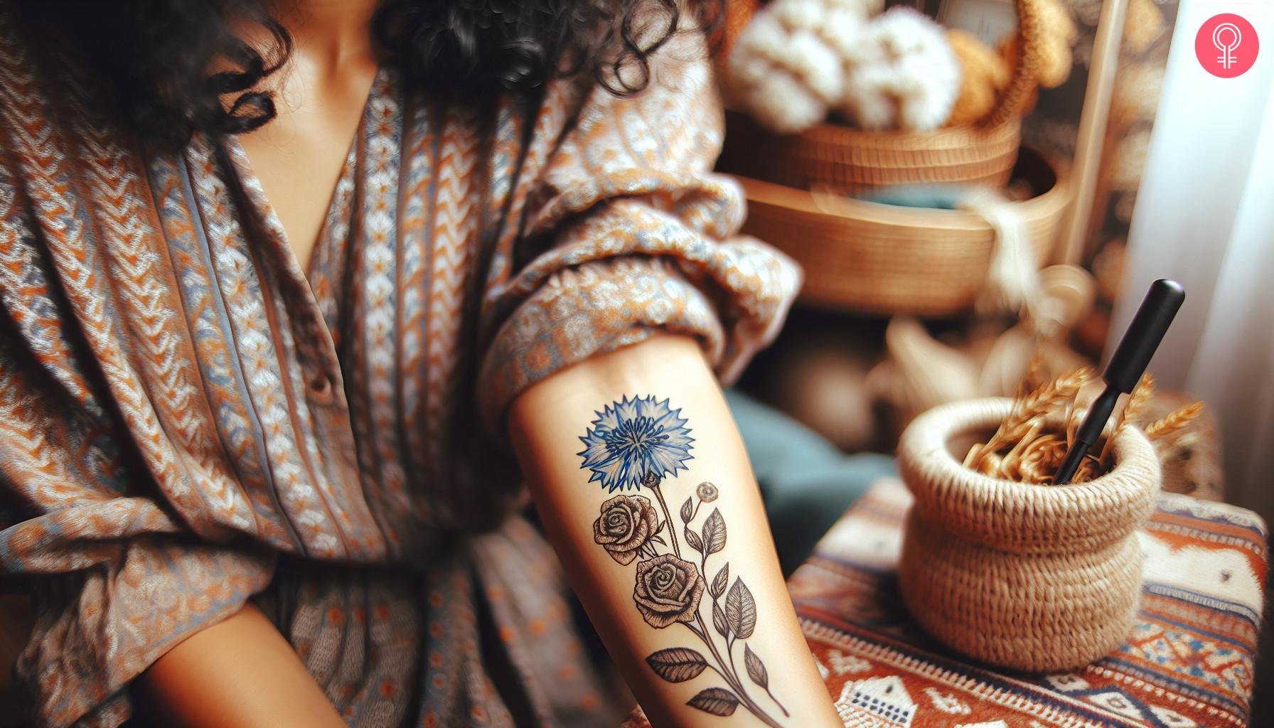 Cornflower and rose tattoo on the forearm