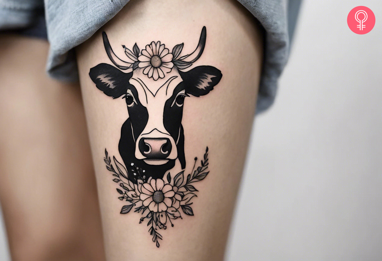 A black and white cow tattoo with flowers on the thigh of a woman