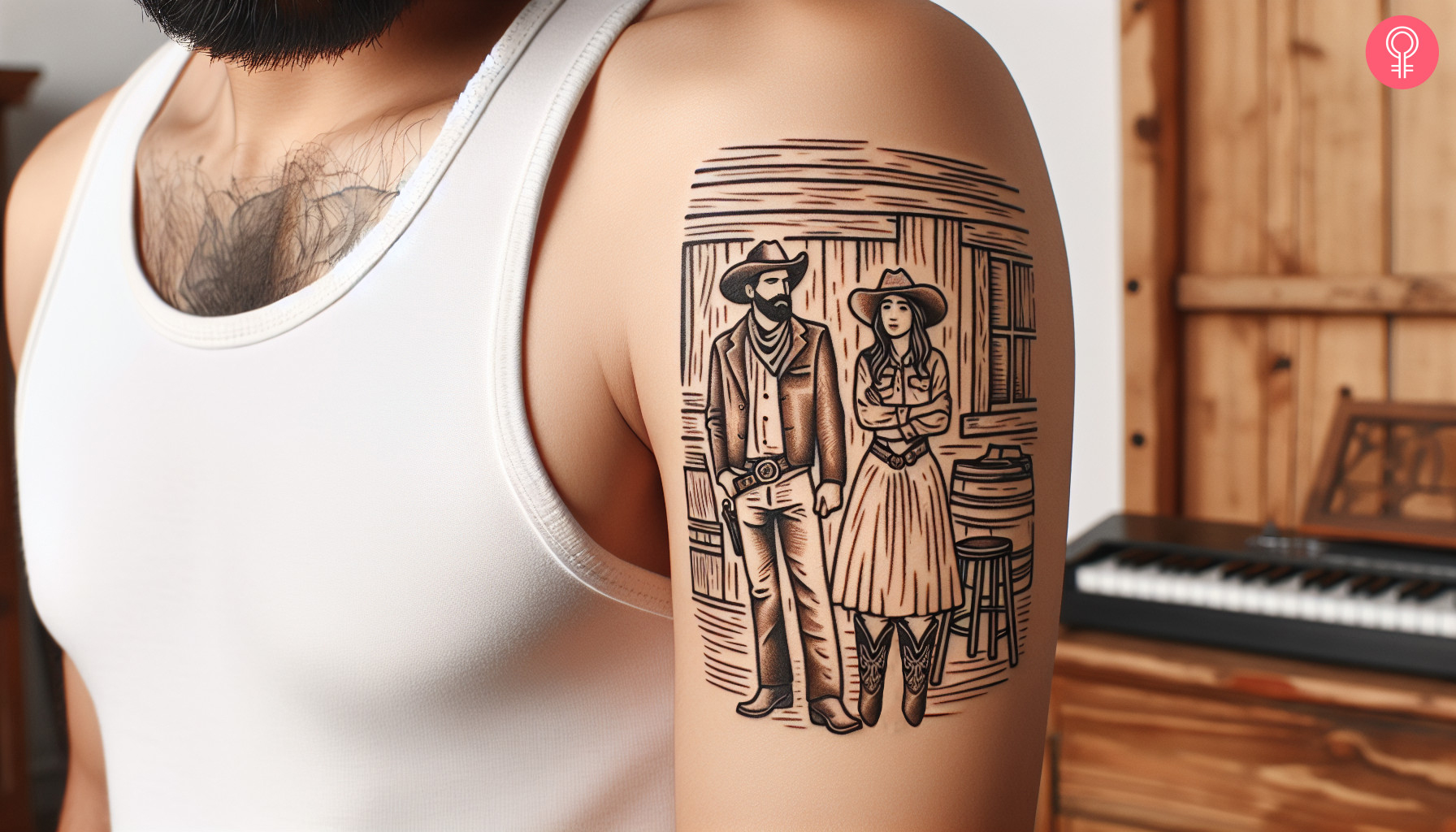 Cowboy and cowgirl tattoo on the upper arm