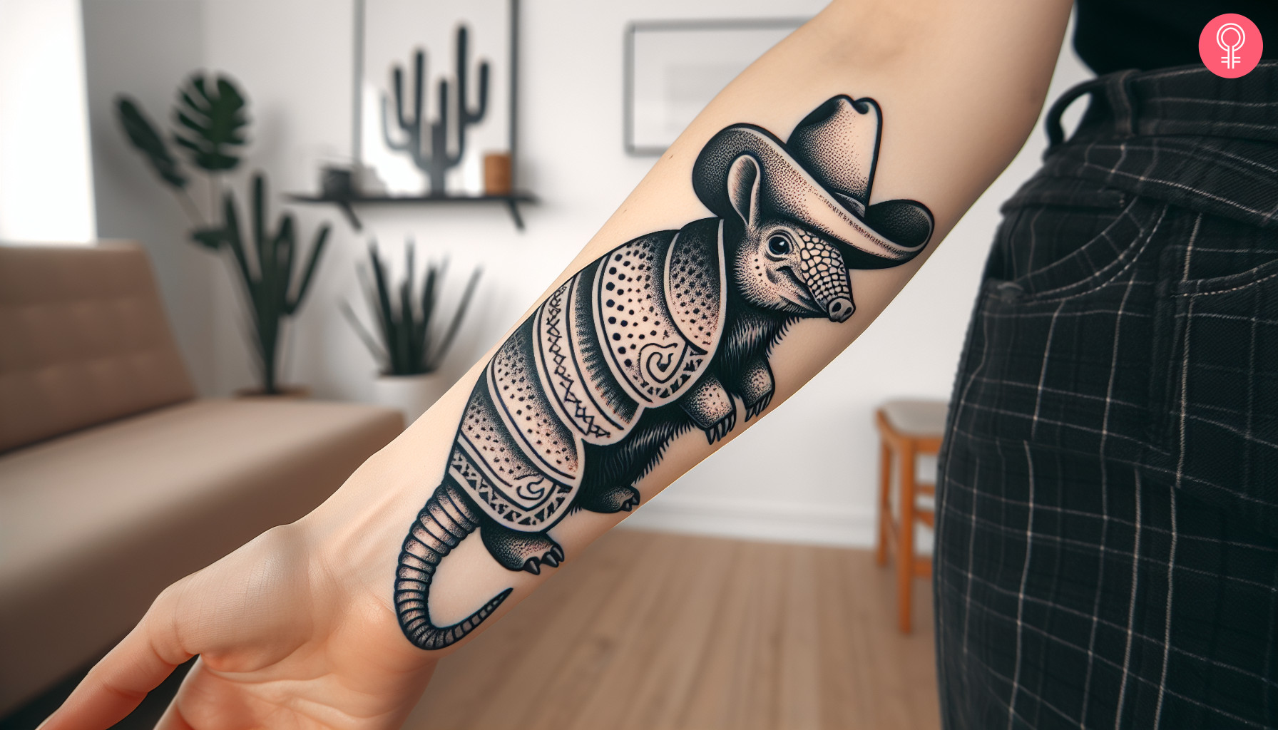 Cowboy armadillo tattoo on the forearm of a man