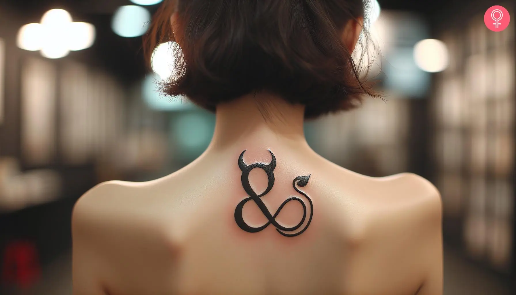 Creative ampersand tattoo on the upper back of a woman