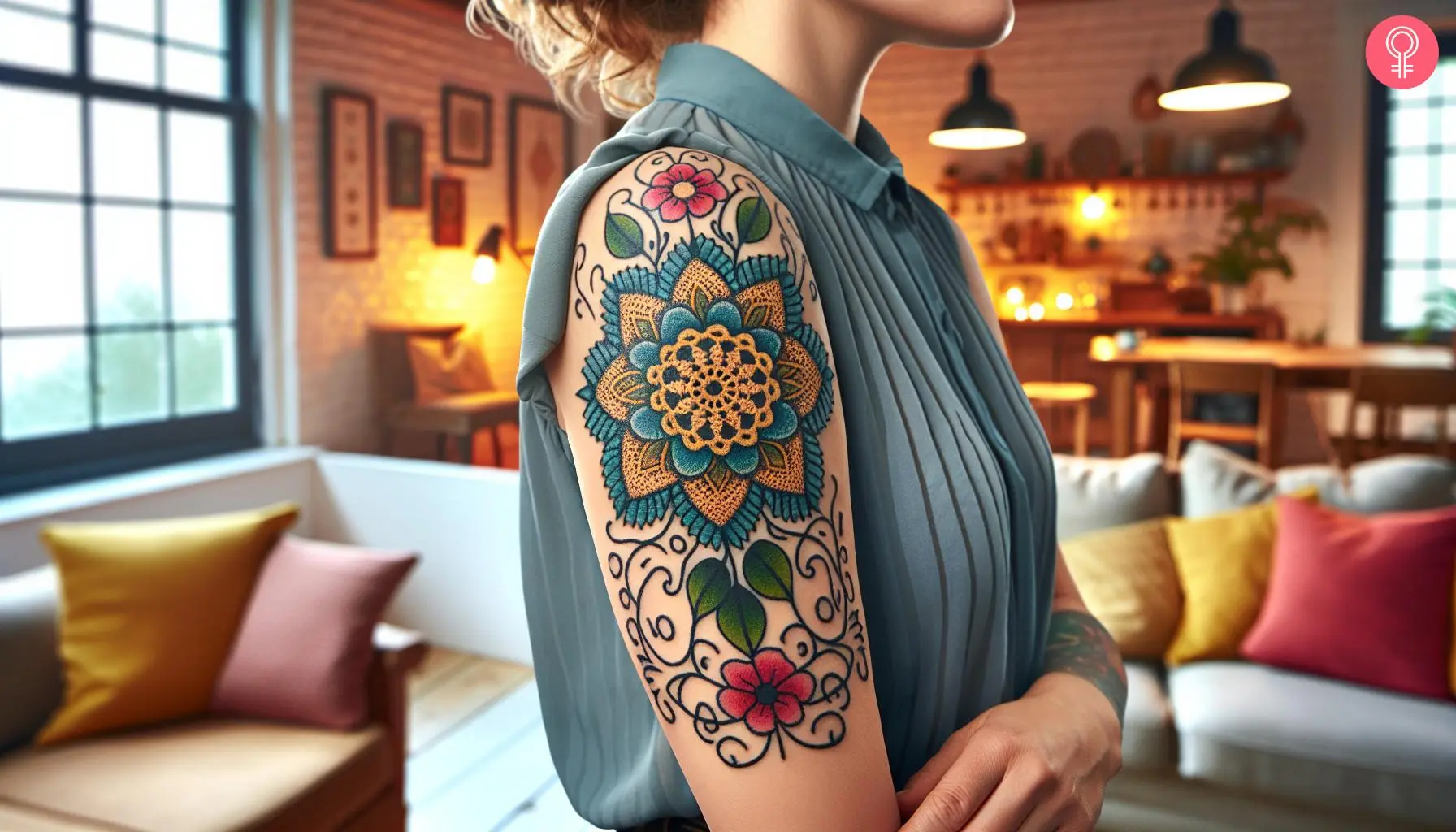 A crochet flower tattoo on a woman’s upper arm