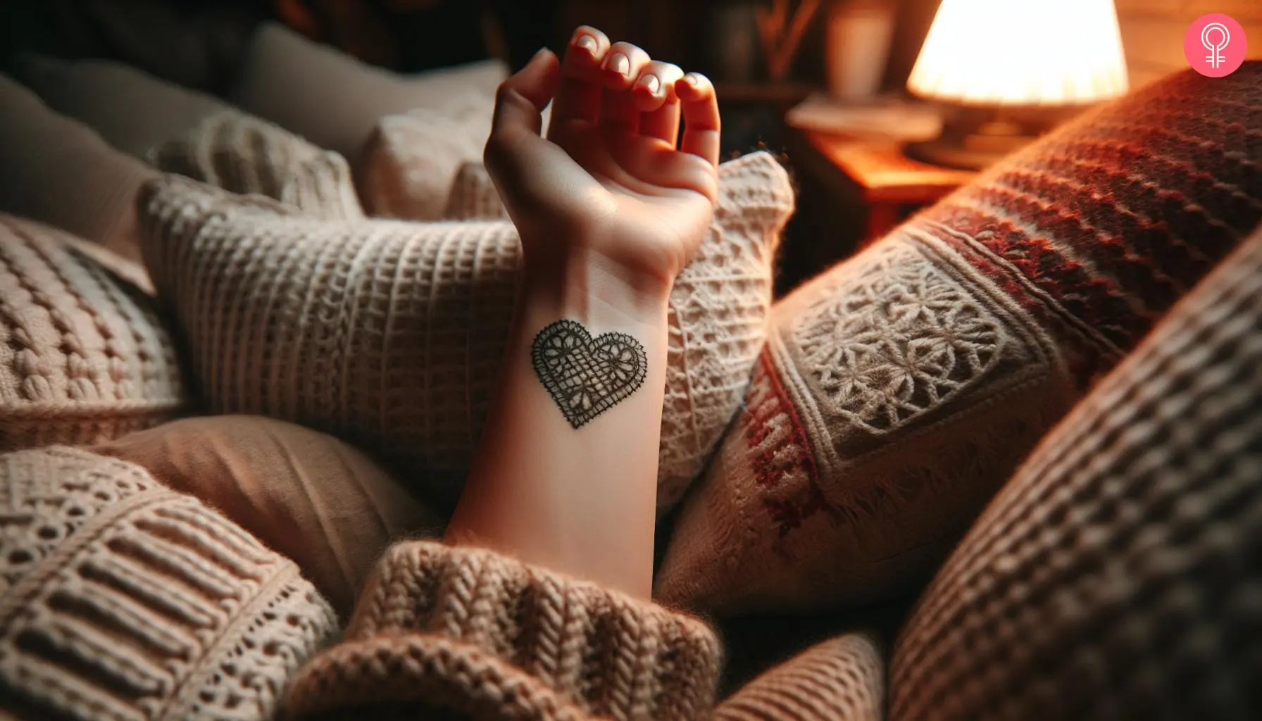 A crochet heart tattoo on a woman’s wrist