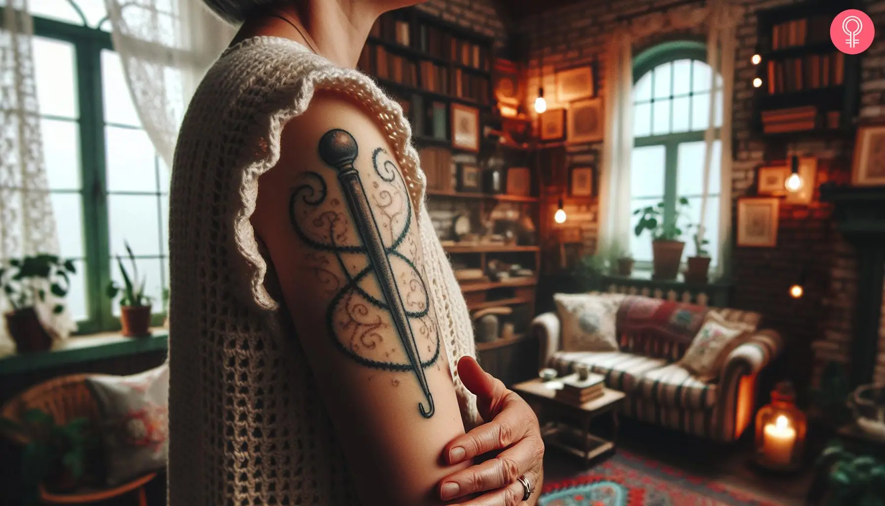 A crochet hook tattoo on a woman’s upper arm