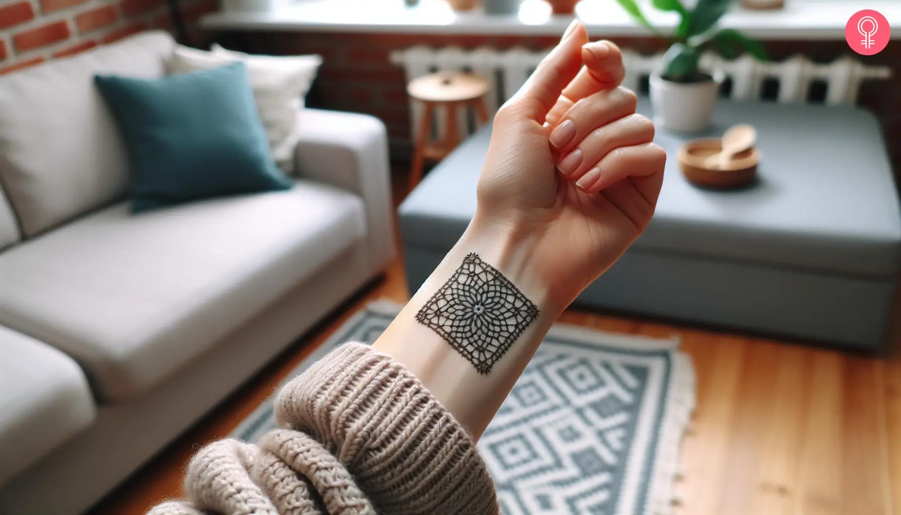 A crochet pattern tattoo on a woman’s wrist