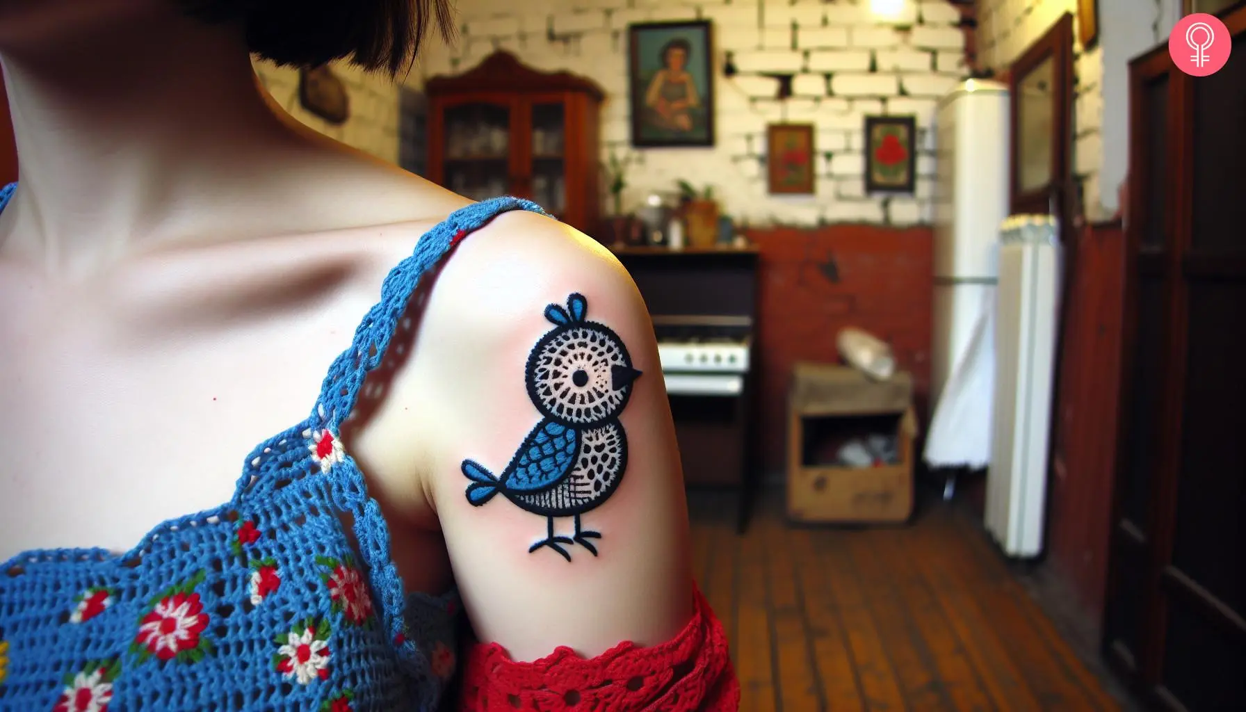 A crochet-style tattoo on a woman’s upper arm