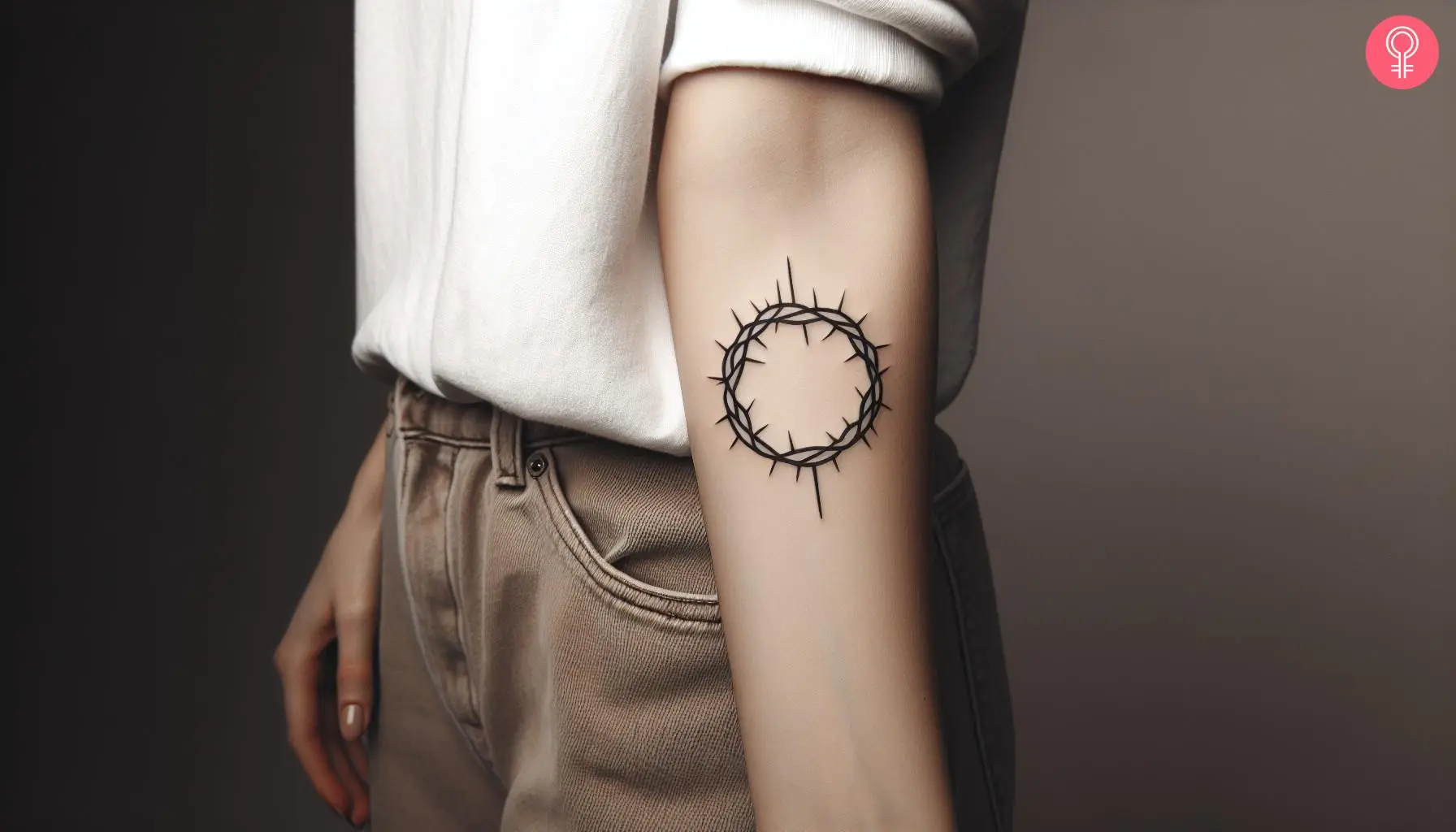 A minimalist black ink thorn crown tattoo on the arm of a woman