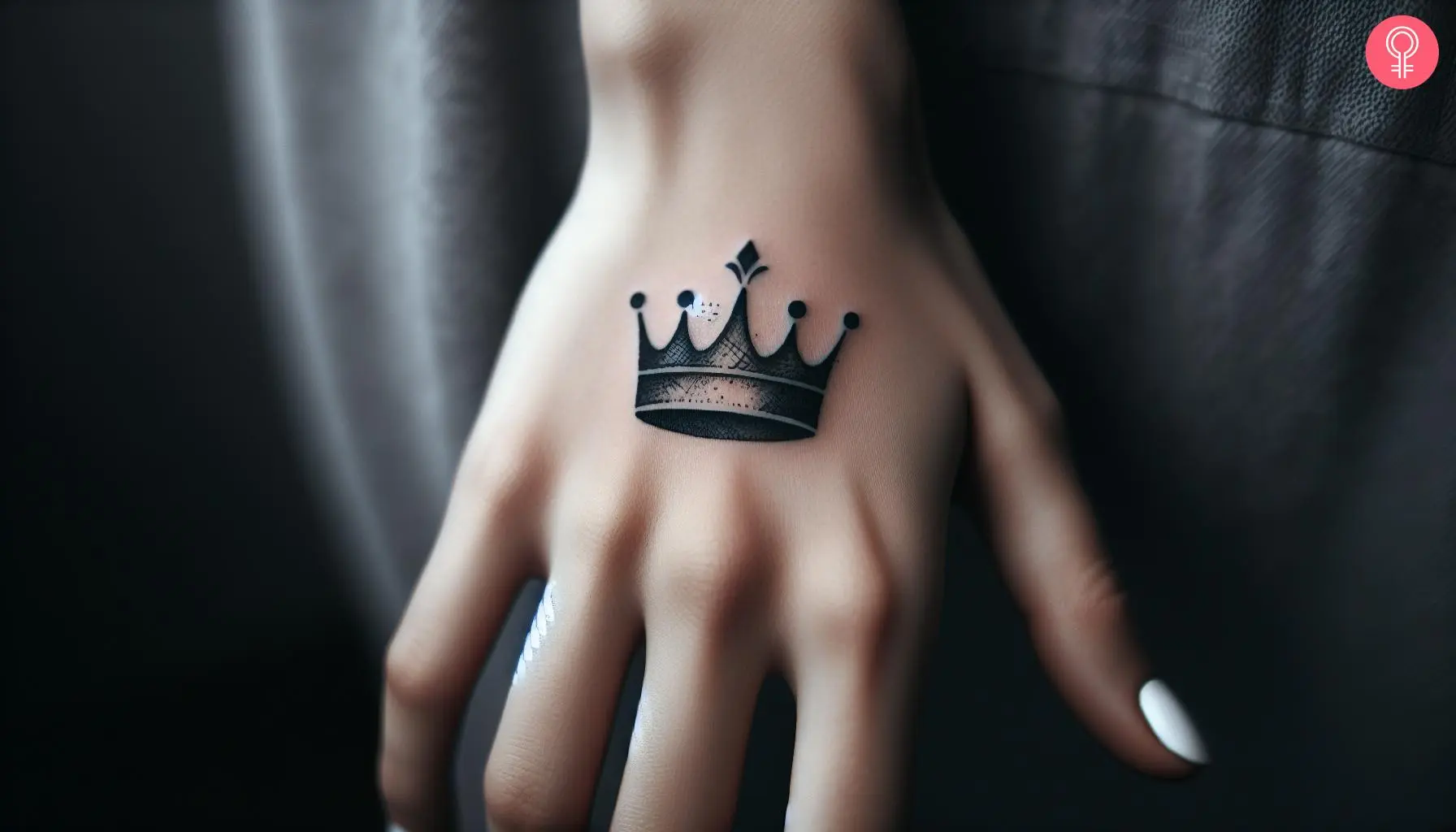 A minimalist black ink crown tattoo on the hand of a woman