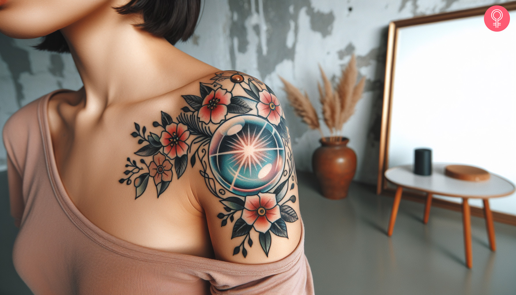 A woman with a traditional crystal ball flash tattoo on her shoulder